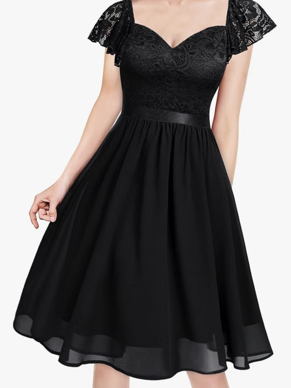 Classic Black Lace Midi Dress with Flutter Sleeves